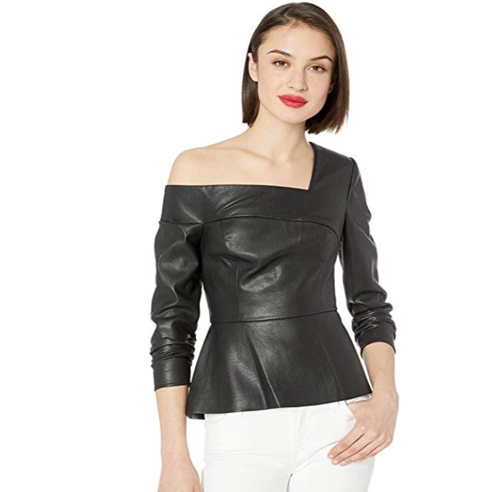 BCBG One Shoulder Faux Leather Top.